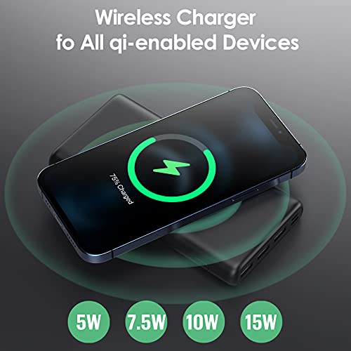 Wireless Power Bank 33800mAh, 5 Outputs 【PD 25W QC 4.0 Fast Charging + 15W Wireless Charging】 Portable Charger, Pxwaxpy External Battery Pack with 2 Inputs Compatible with iPhone, Samsung, Android etc