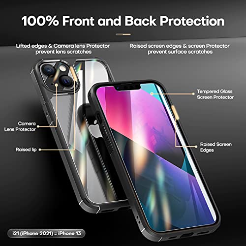 3 in 1 Defender Designed for iPhone 13 Case 6.1 Inch, with 2 Pack Tempered Glass Screen Protector + 2 Pack Camera Lens Protector