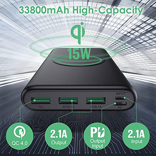Wireless Power Bank 33800mAh, 5 Outputs 【PD 25W QC 4.0 Fast Charging + 15W Wireless Charging】 Portable Charger, Pxwaxpy External Battery Pack with 2 Inputs Compatible with iPhone, Samsung, Android etc