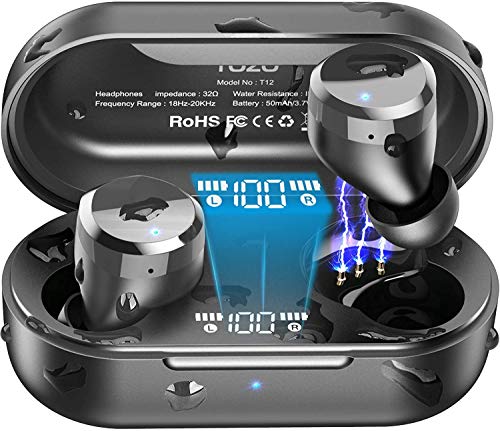 Wireless Earbuds Bluetooth Headphones Premium Fidelity Sound Quality Wireless Charging Case Digital LED Intelligence Display IPX8 Waterproof Earphones Built-in Mic Headset for Sport Black